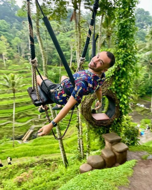 swing with a view of trees and rice fields at Uma Ceking Resto and Swings